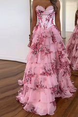 A Line Prom Dress Blue Sweetheart Corset Floral Tiered Long Formal Dress