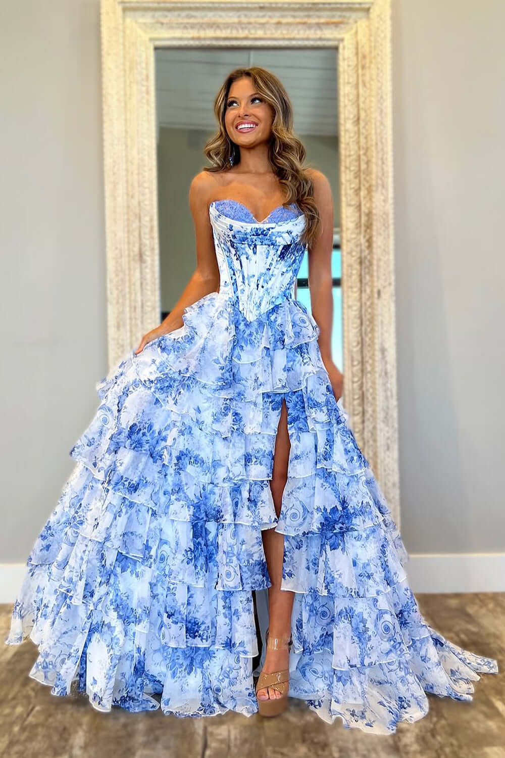 A Line Tiered Prom Dress Blush Sweetheart Corset Floral Long Formal Dress
