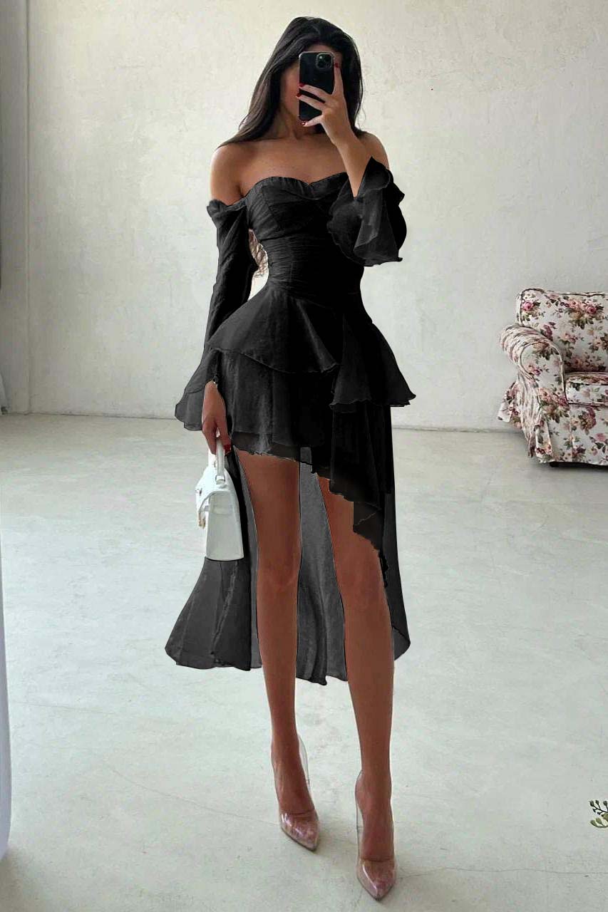 A Line Wedding Dress Long Sleeve Off the Shoulder Ruffled High Low Formal Dress