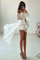 A Line Wedding Dress Long Sleeve Off the Shoulder Ruffled High Low Formal Dress