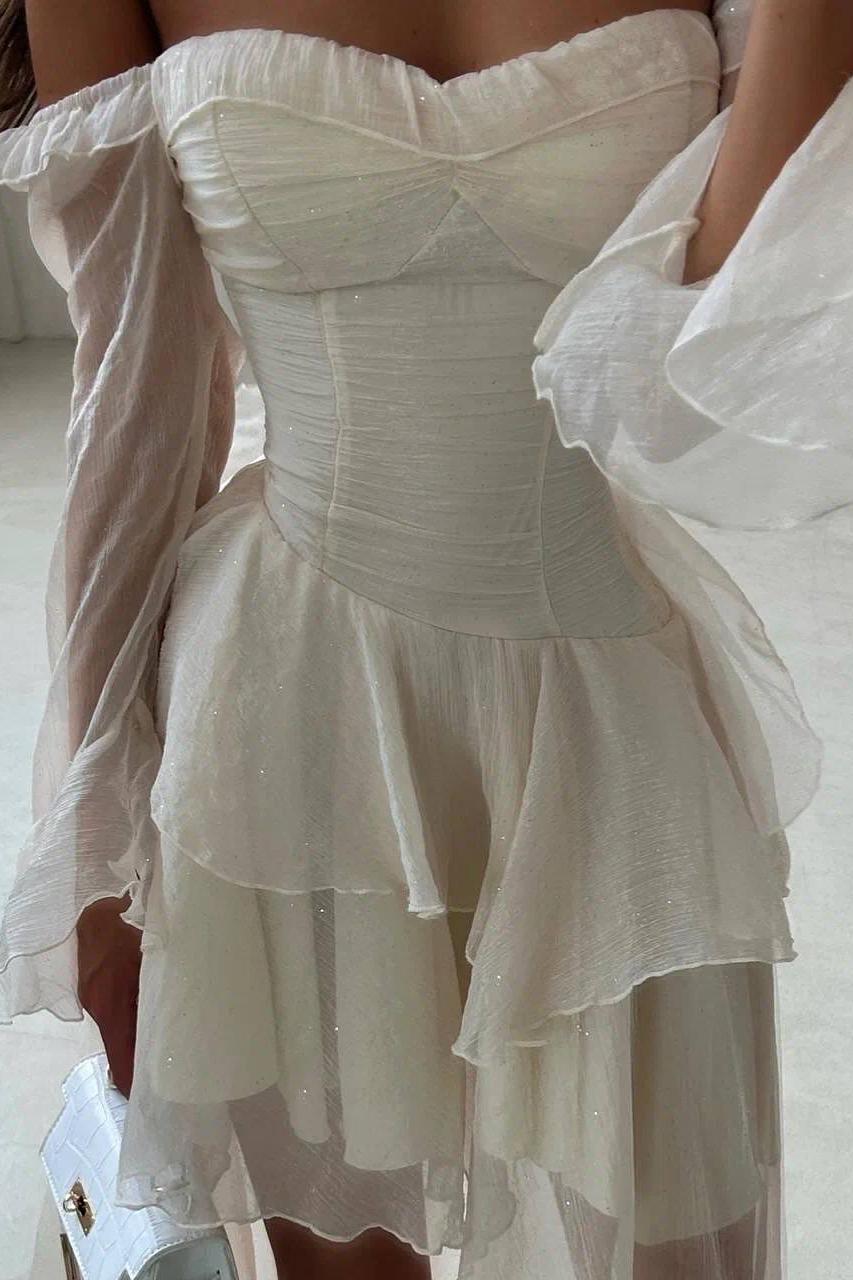 A Line Wedding Dress Long Sleeve Off the Shoulder Ruffled High Low Formal Dress