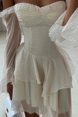 A Line Wedding Dress Long Sleeve Off the Shoulder Ruffled High Low Formal Dress