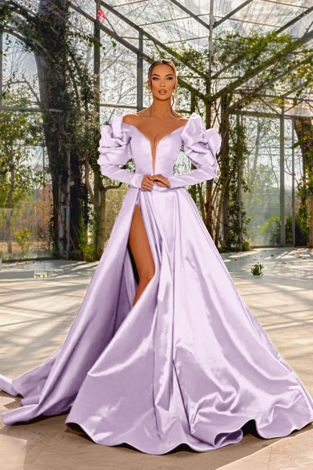 A Line Prom Dress Long Sleeve Off the Shoulder Satin Formal Dress