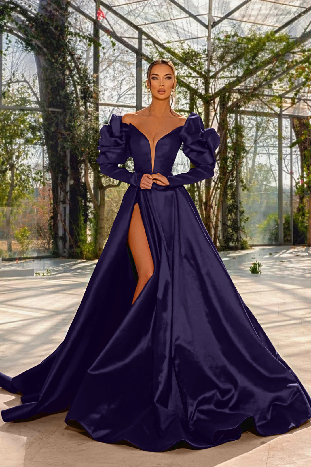 A Line Prom Dress Long Sleeve Off the Shoulder Satin Formal Dress