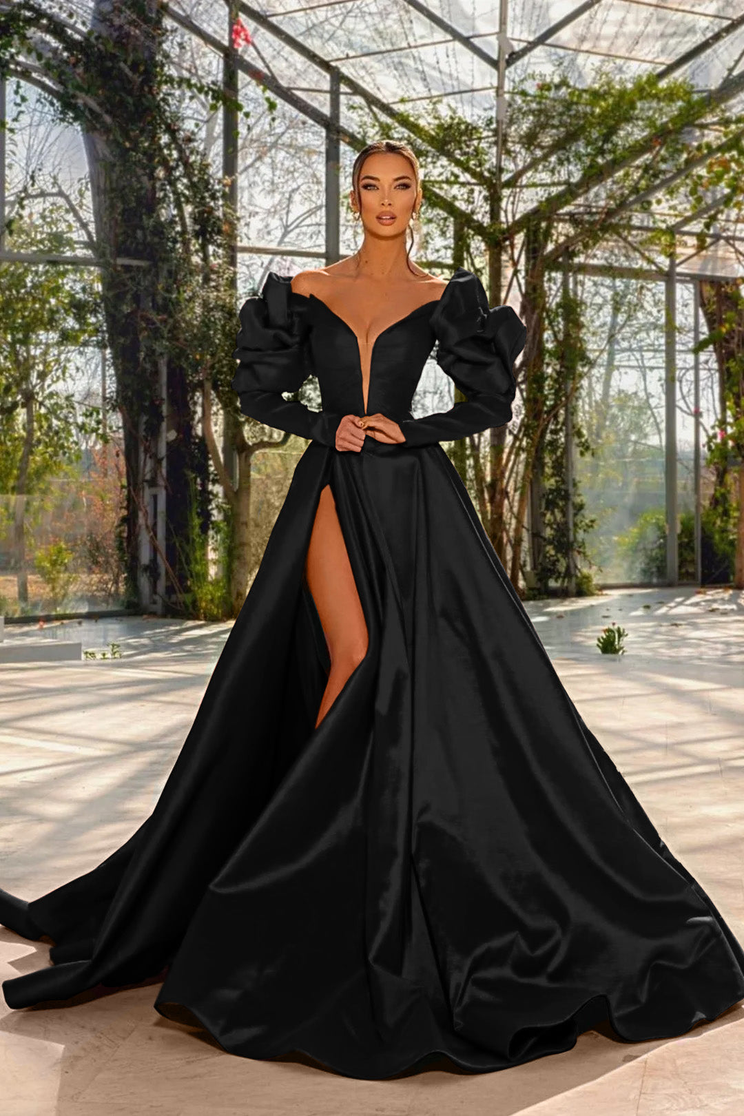 A Line Prom Dress Long Sleeve Off the Shoulder Satin Formal Dress