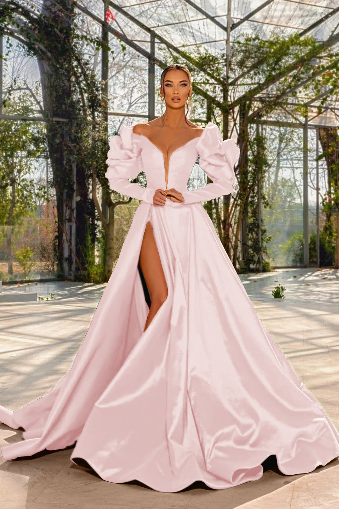 A Line Prom Dress Long Sleeve Off the Shoulder Satin Formal Dress