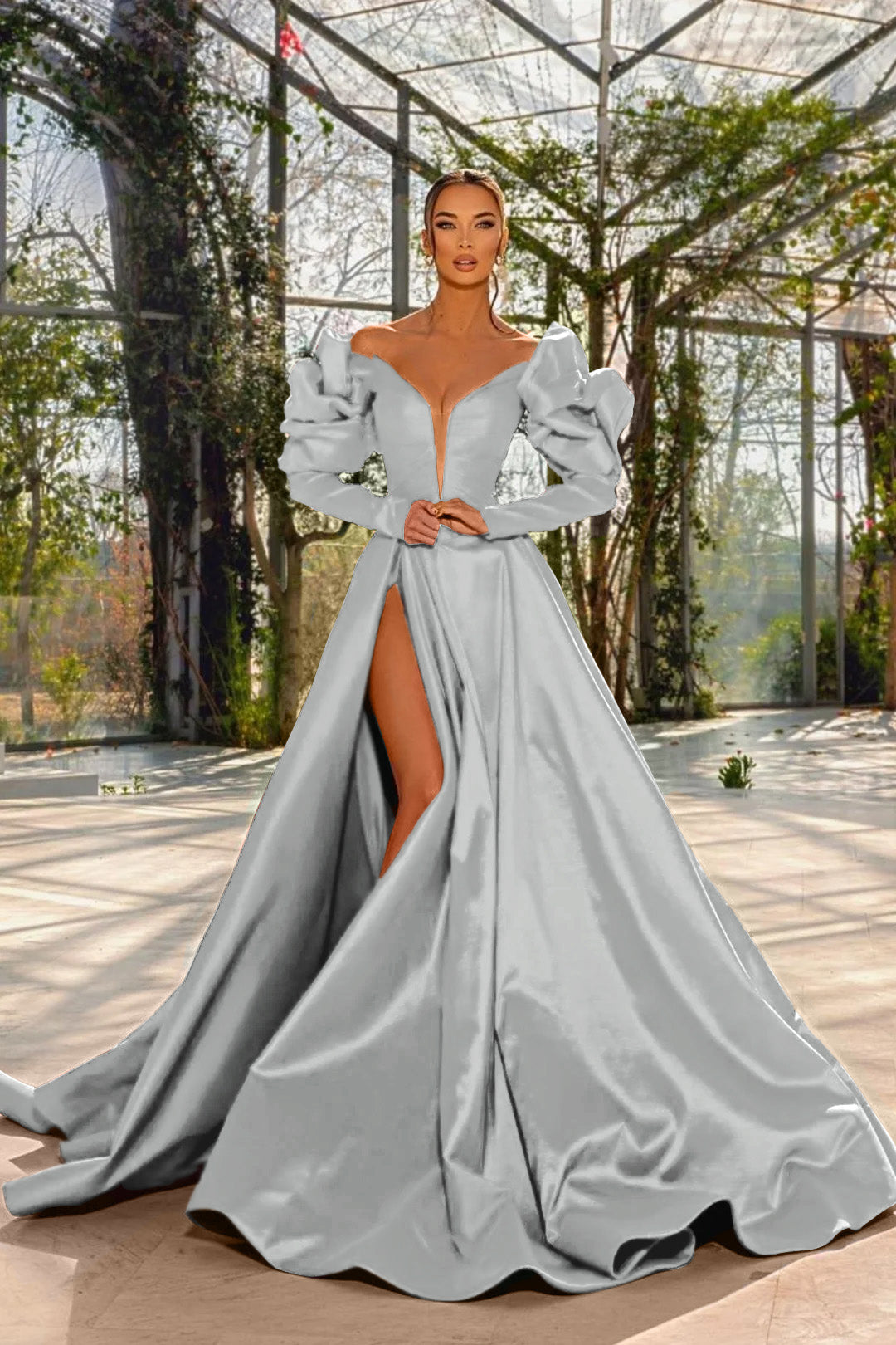 A Line Prom Dress Long Sleeve Off the Shoulder Satin Formal Dress