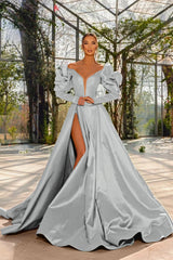 A Line Prom Dress Long Sleeve Off the Shoulder Satin Formal Dress