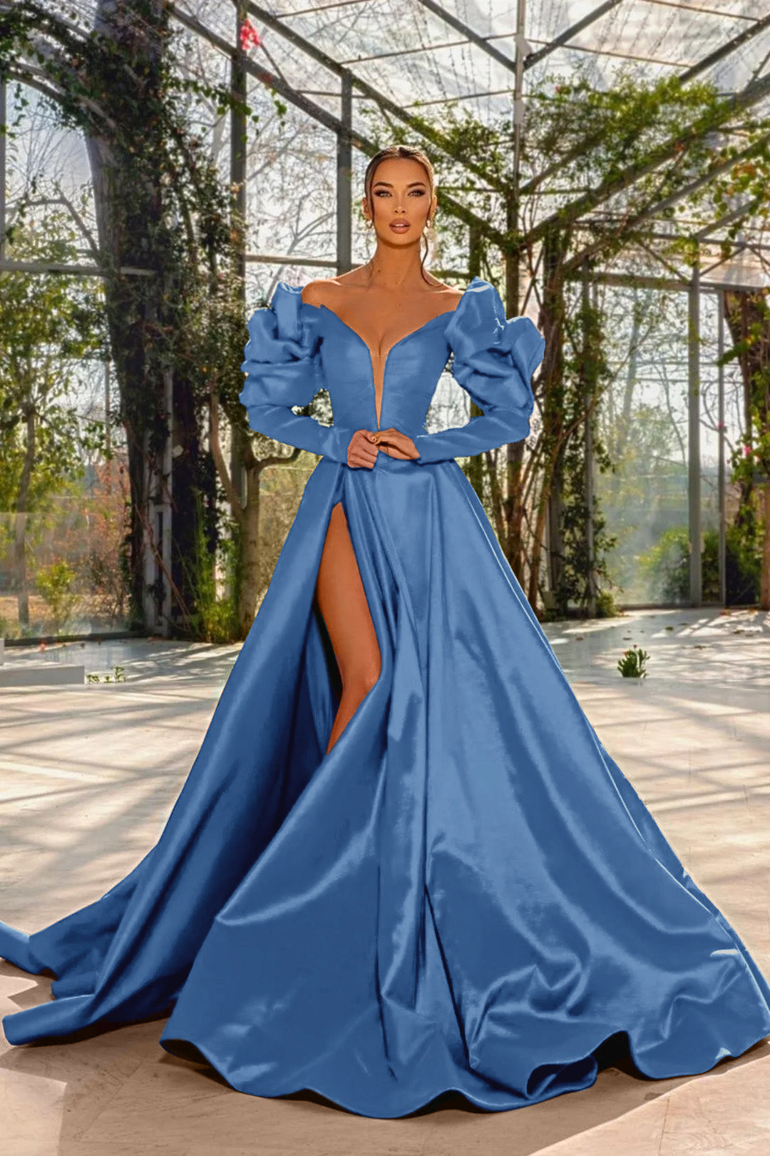 A Line Prom Dress Long Sleeve Off the Shoulder Satin Formal Dress