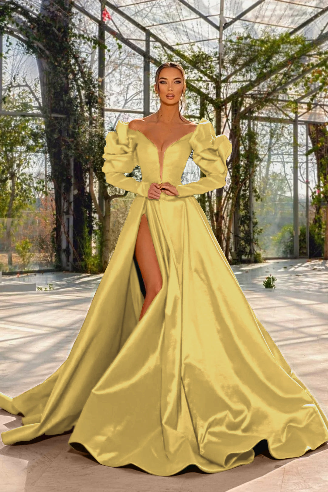 A Line Prom Dress Long Sleeve Off the Shoulder Satin Formal Dress