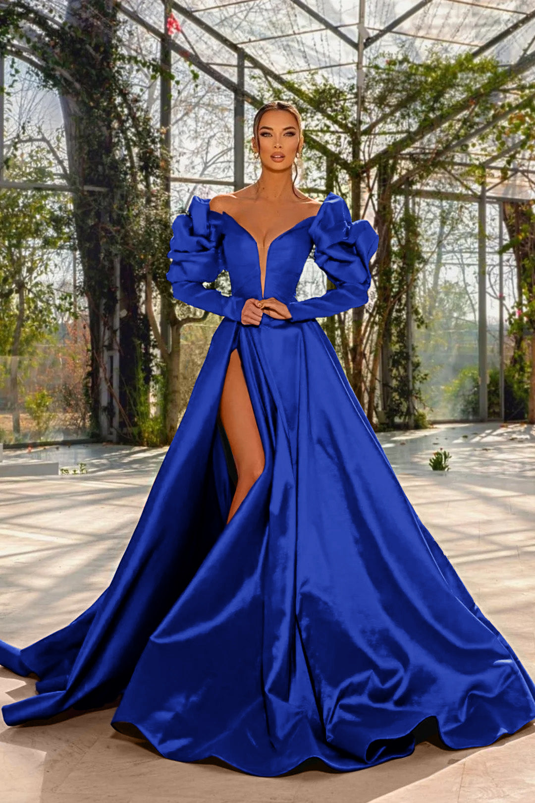 A Line Prom Dress Long Sleeve Off the Shoulder Satin Formal Dress