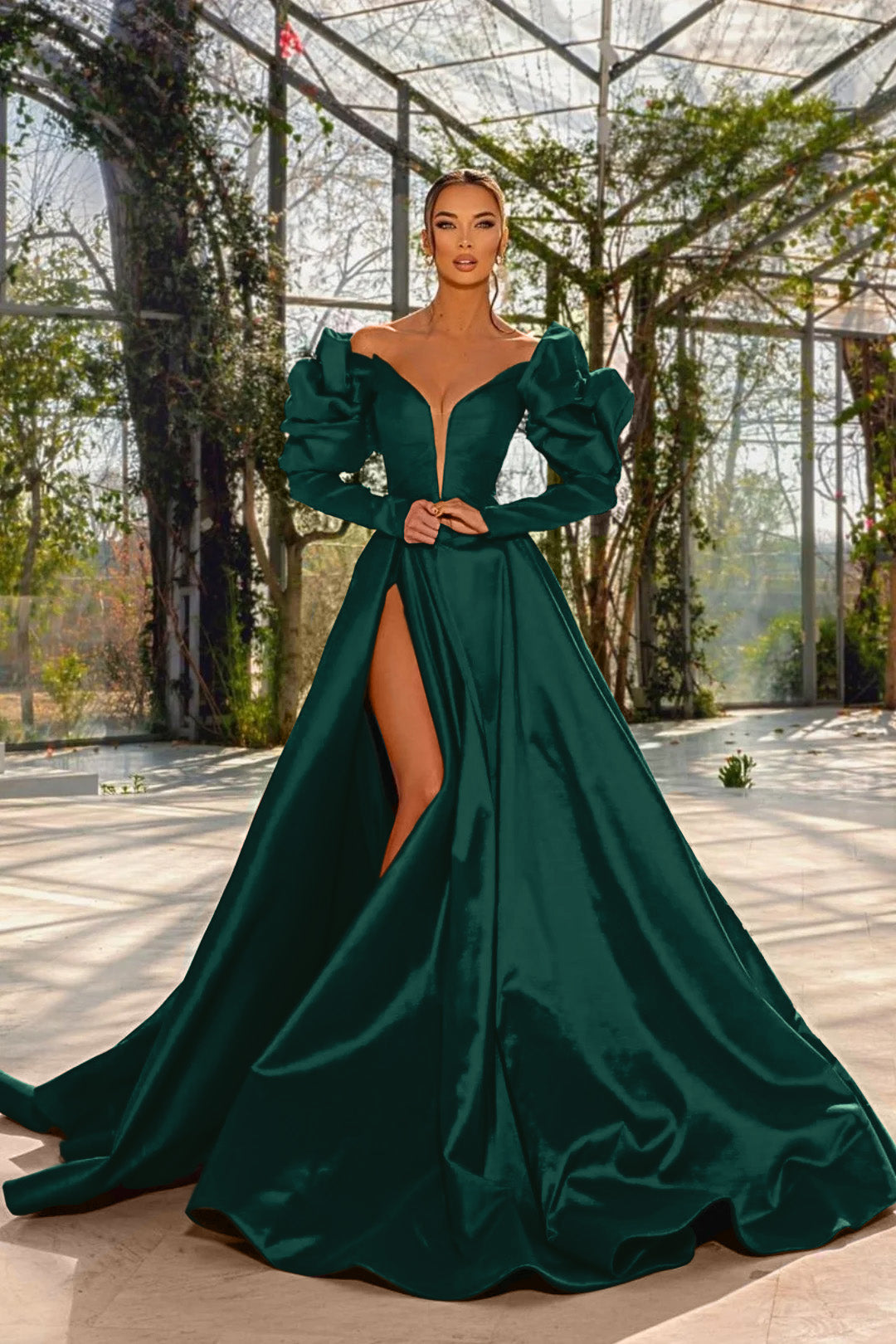 A Line Prom Dress Long Sleeve Off the Shoulder Satin Formal Dress