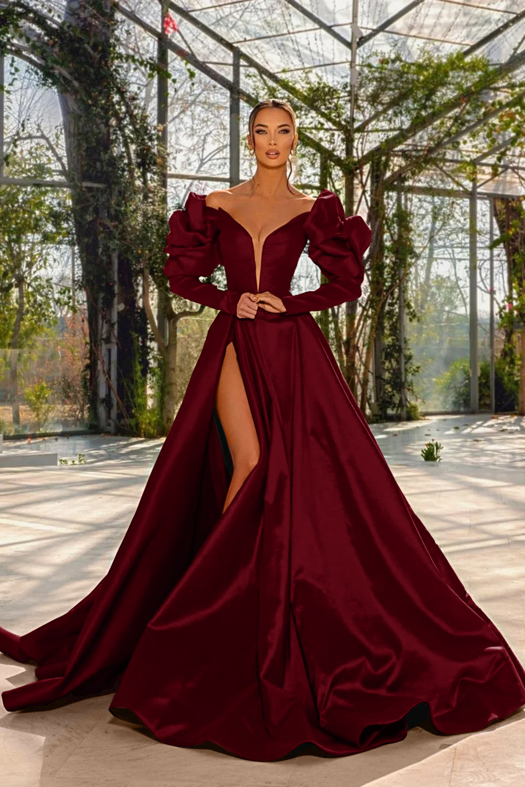 A Line Prom Dress Long Sleeve Off the Shoulder Satin Formal Dress
