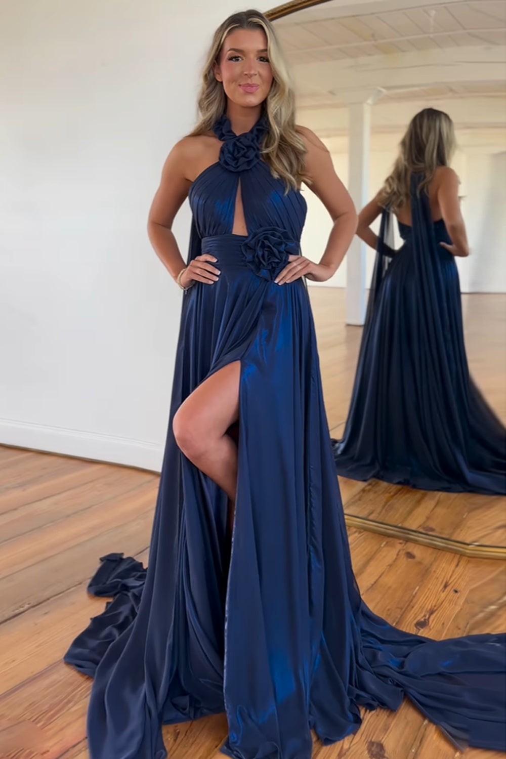 A Line Prom Dress Navy Halter Satin Pleated Long Evening Dress with Flower