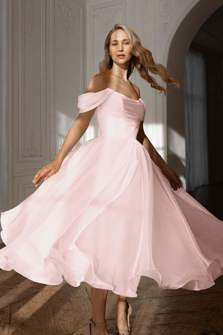 A Line Prom Dress Off the Shoulder Organza Tea Length Formal Dress