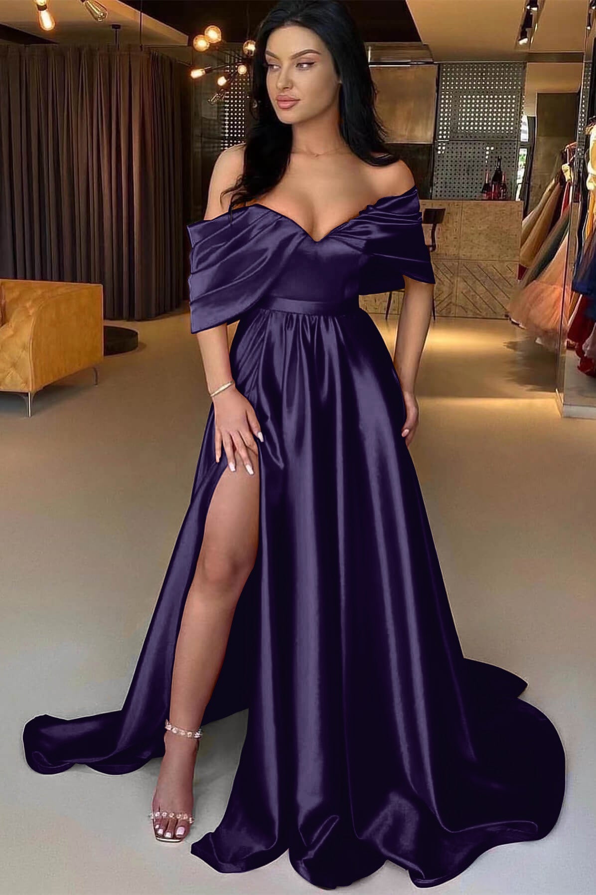 A Line Prom Dress Off the Shoulder Satin Formal Dress