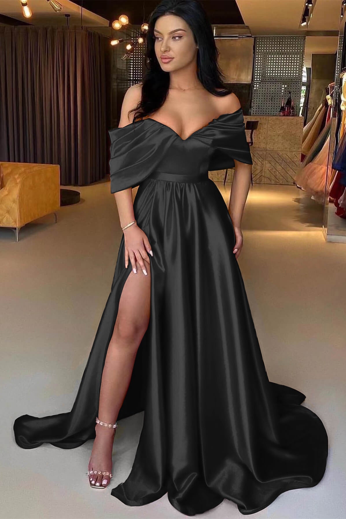 A Line Prom Dress Off the Shoulder Satin Formal Dress