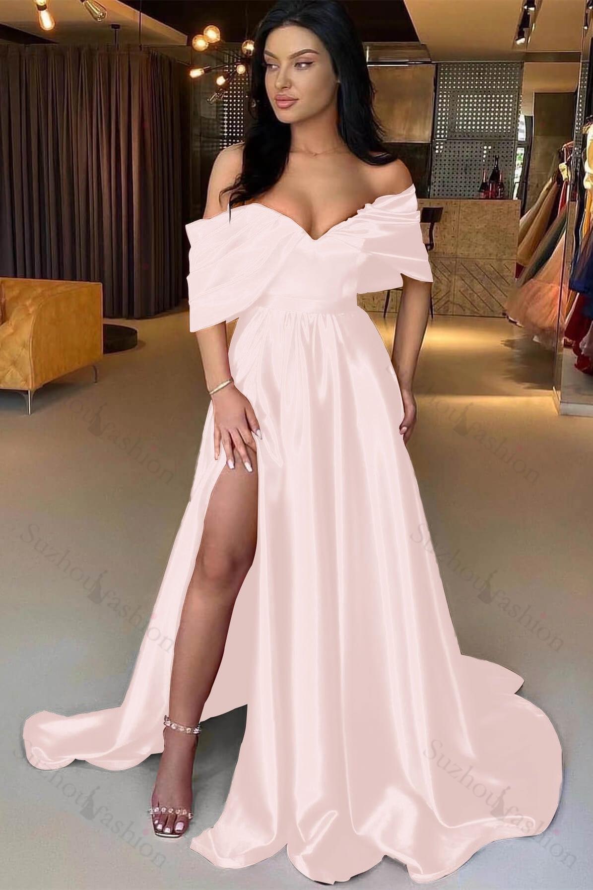 A Line Prom Dress Off the Shoulder Satin Formal Dress