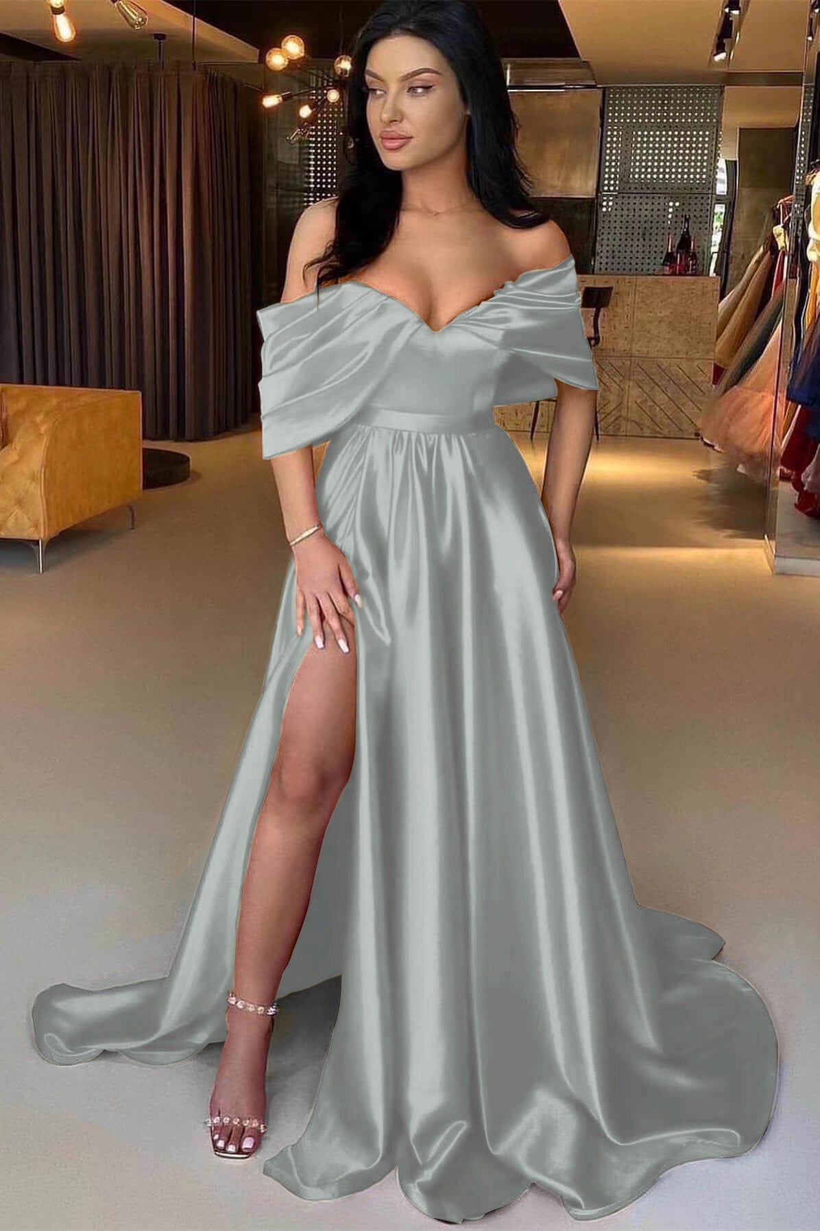 A Line Prom Dress Off the Shoulder Satin Formal Dress