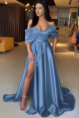A Line Prom Dress Off the Shoulder Satin Formal Dress