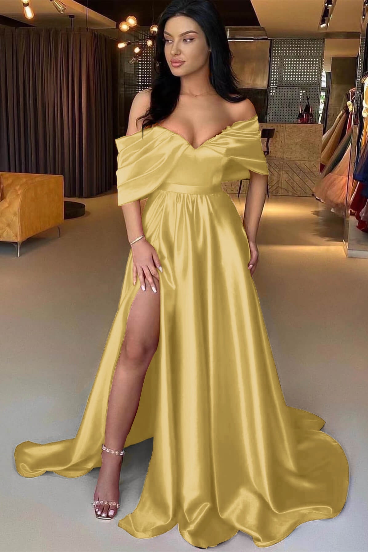 A Line Prom Dress Off the Shoulder Satin Formal Dress