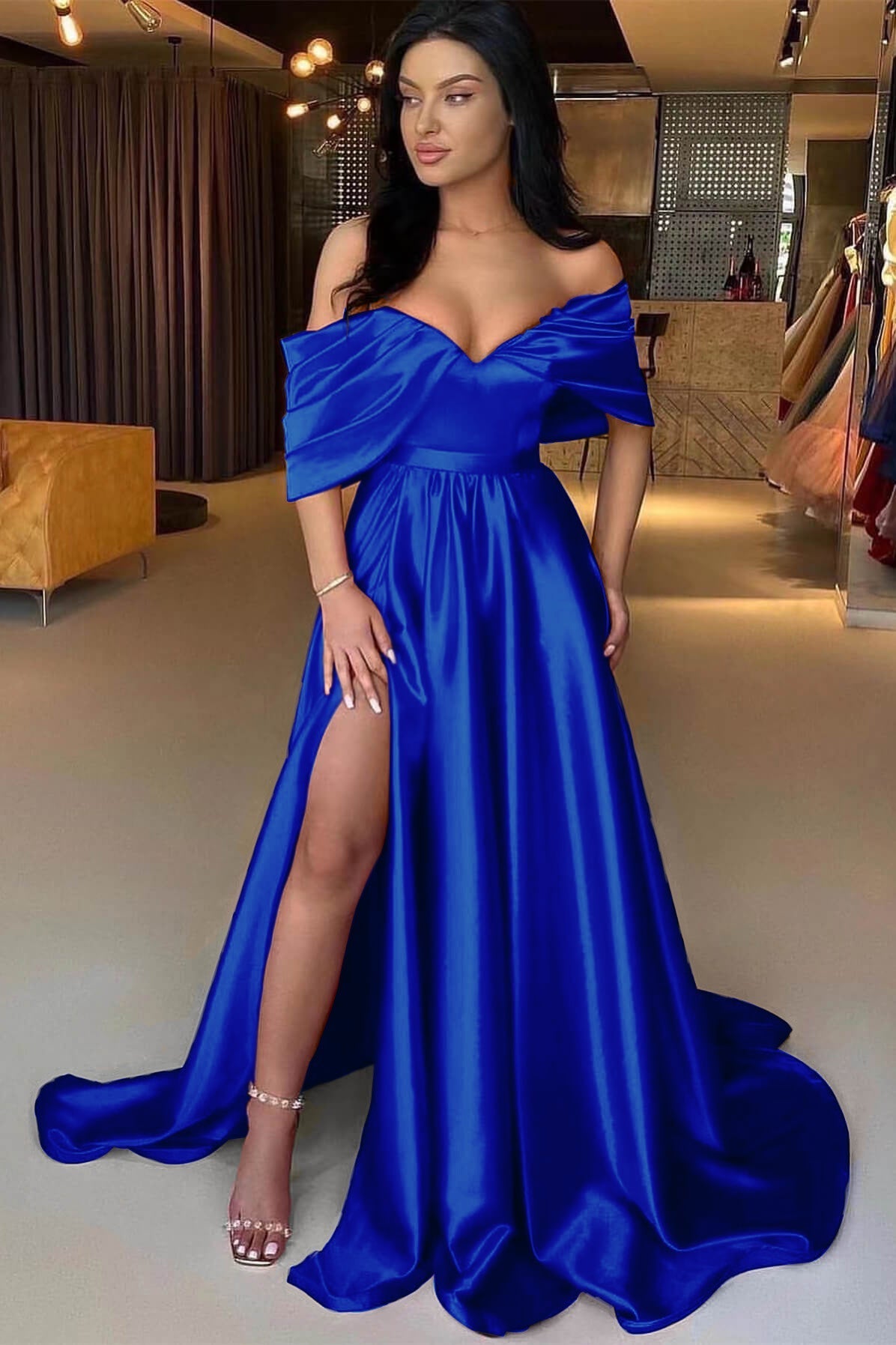 A Line Prom Dress Off the Shoulder Satin Formal Dress