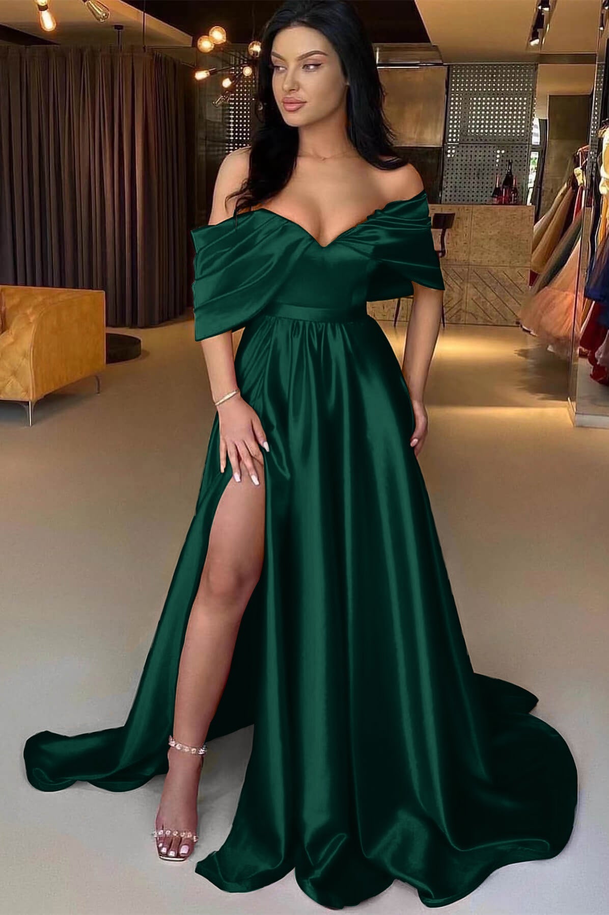 A Line Prom Dress Off the Shoulder Satin Formal Dress
