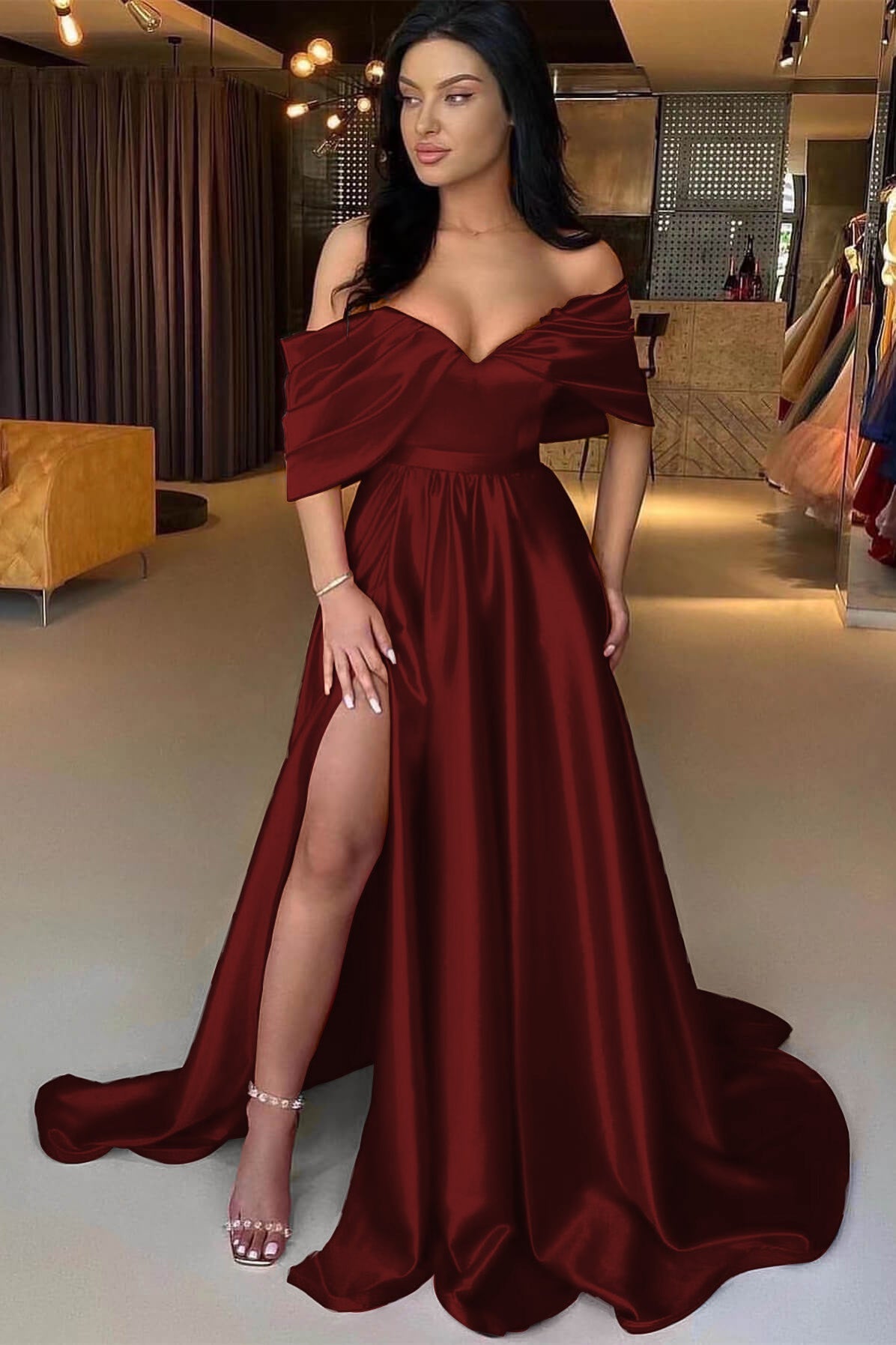 A Line Prom Dress Off the Shoulder Satin Formal Dress