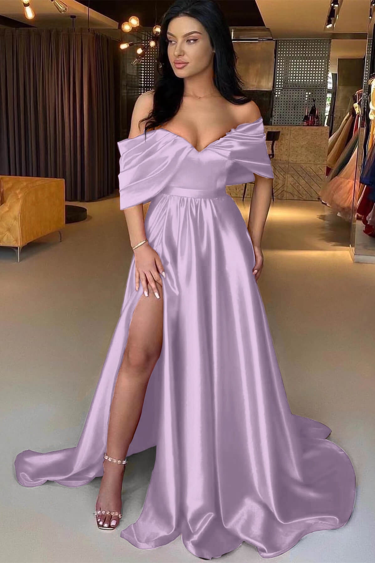 A Line Prom Dress Off the Shoulder Satin Formal Dress
