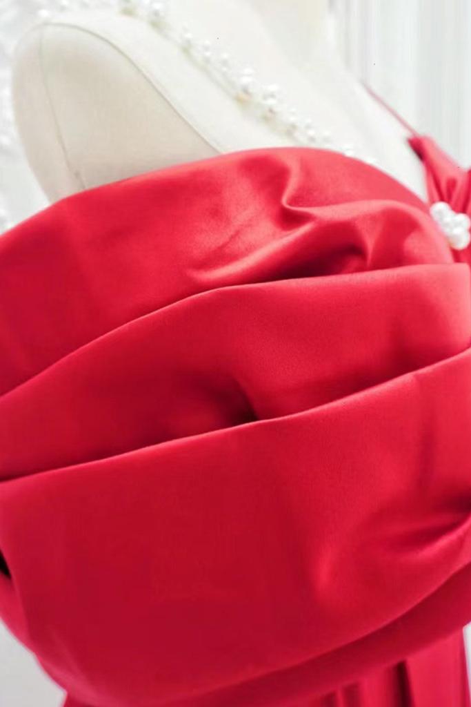A Line Prom Dress Off the Shoulder Satin Red Long Evening Dress