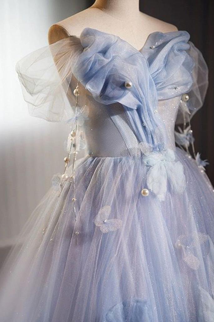A Line Prom Dress Off the Shoulder Tulle Flower Blue Long Sweet 16 Dress Evening Dress
