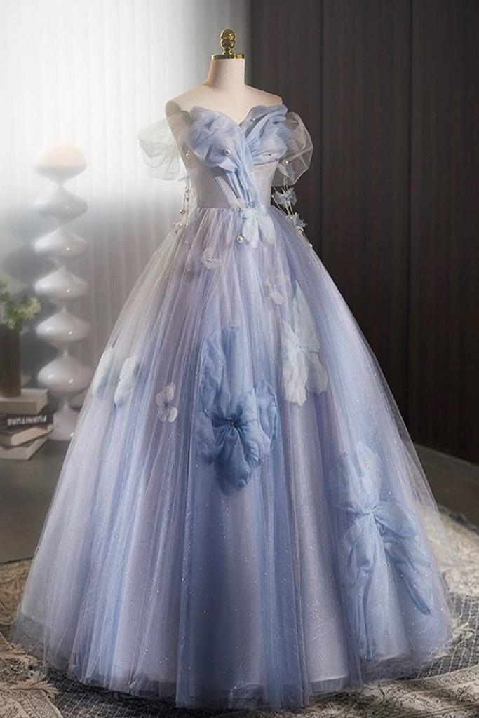 A Line Prom Dress Off the Shoulder Tulle Flower Blue Long Sweet 16 Dress Evening Dress