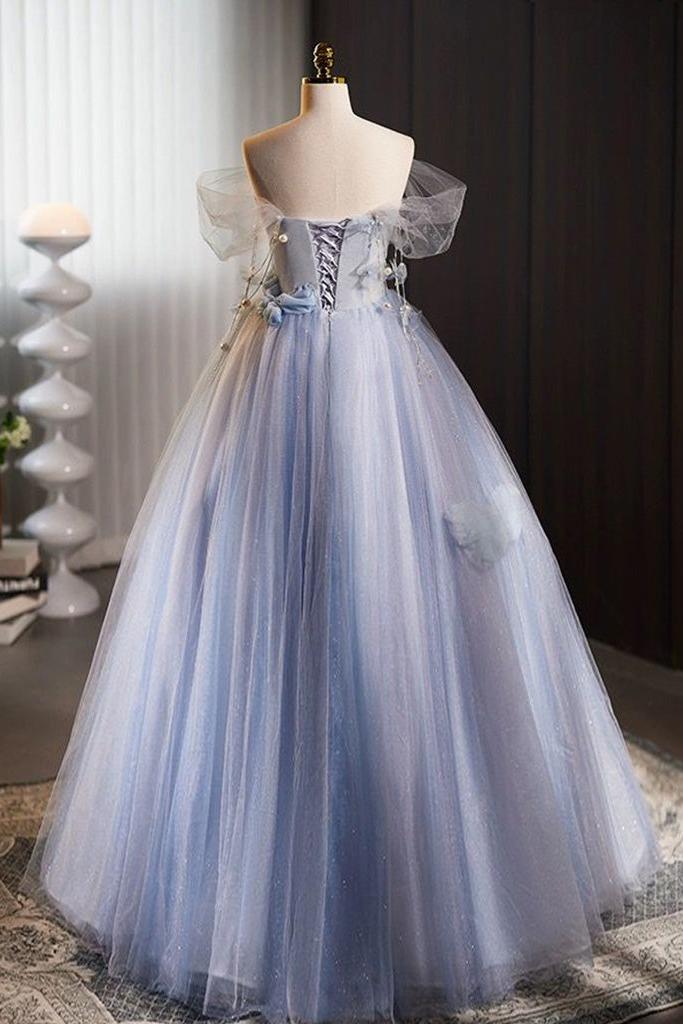 A Line Prom Dress Off the Shoulder Tulle Flower Blue Long Sweet 16 Dress Evening Dress