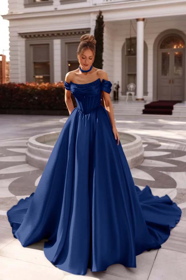 A Line Prom Dress Satin Off the Shoulder Formal Dress