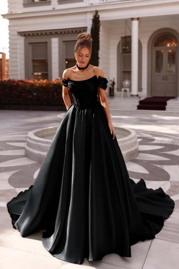 A Line Prom Dress Satin Off the Shoulder Formal Dress