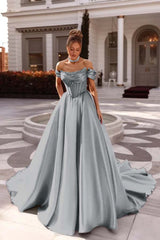 A Line Prom Dress Satin Off the Shoulder Formal Dress