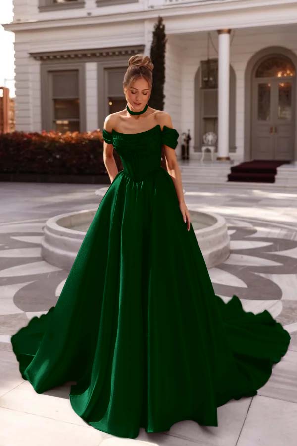 A Line Prom Dress Satin Off the Shoulder Formal Dress