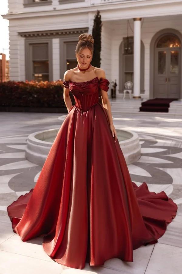 A Line Prom Dress Satin Off the Shoulder Formal Dress