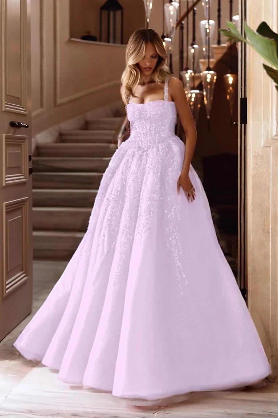 A Line Prom Dress Sleeveless Square Neck Formal Dress With Lace Appliques