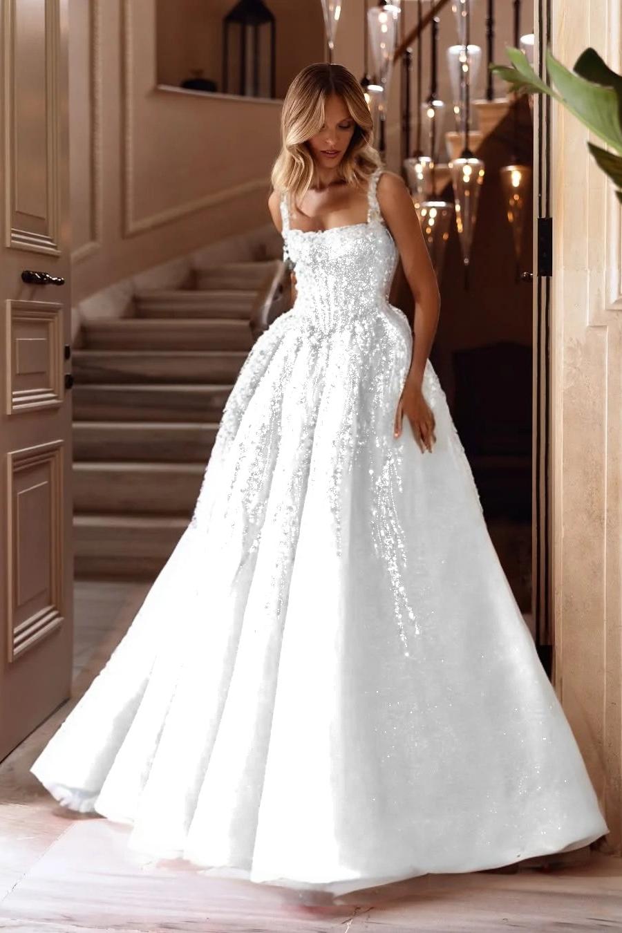 A Line Prom Dress Sleeveless Square Neck Formal Dress With Lace Appliques