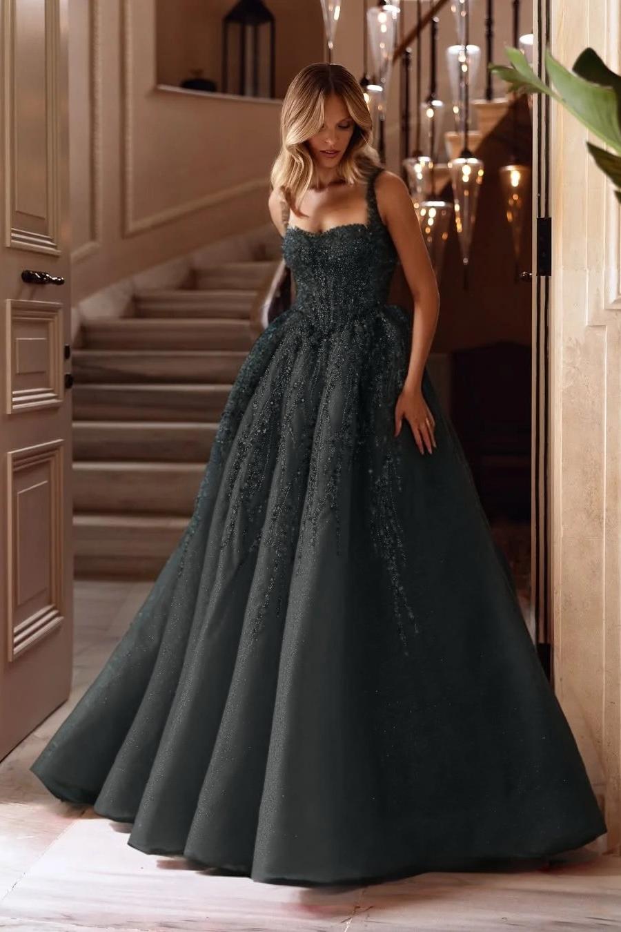 A Line Prom Dress Sleeveless Square Neck Formal Dress With Lace Appliques