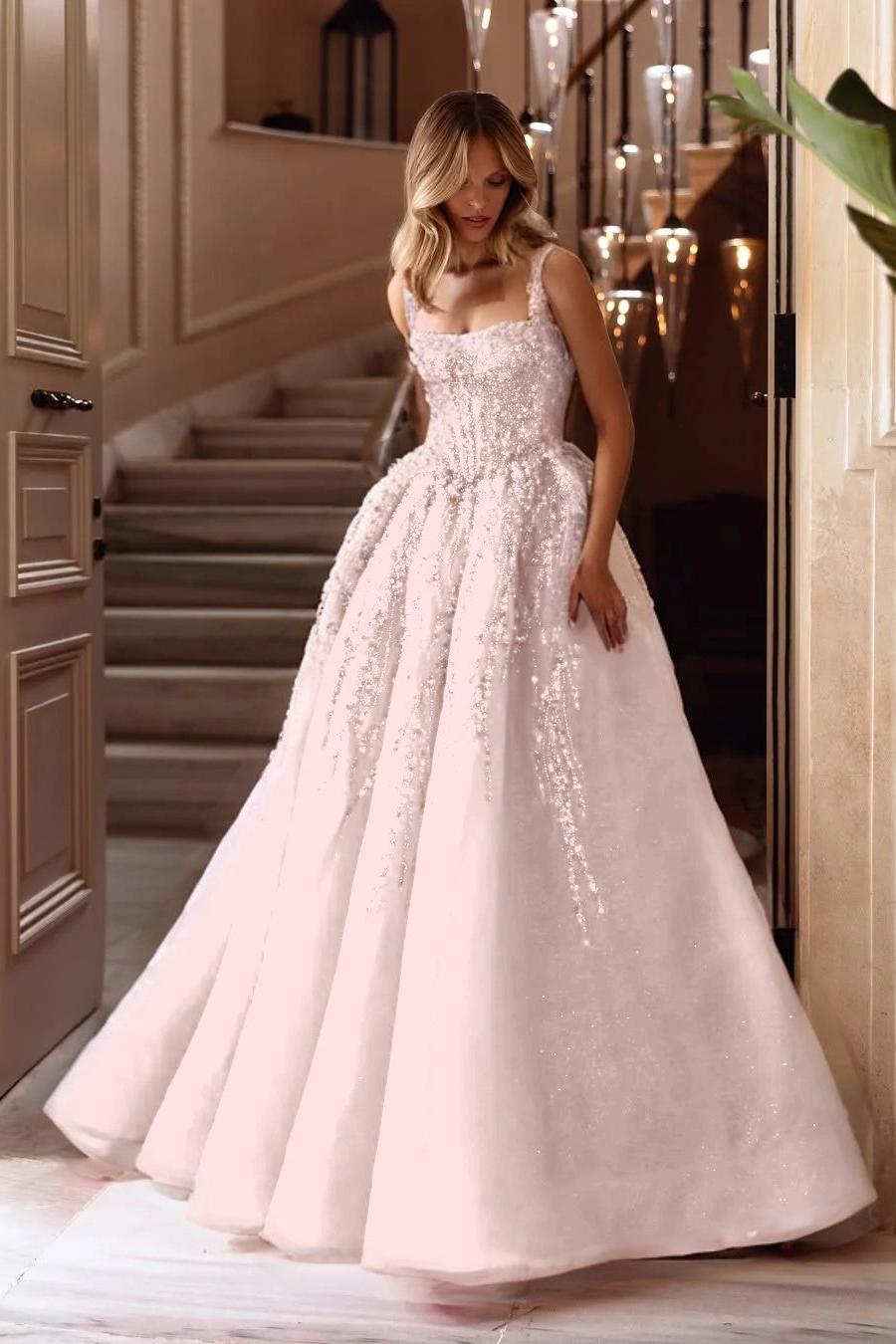 A Line Prom Dress Sleeveless Square Neck Formal Dress With Lace Appliques