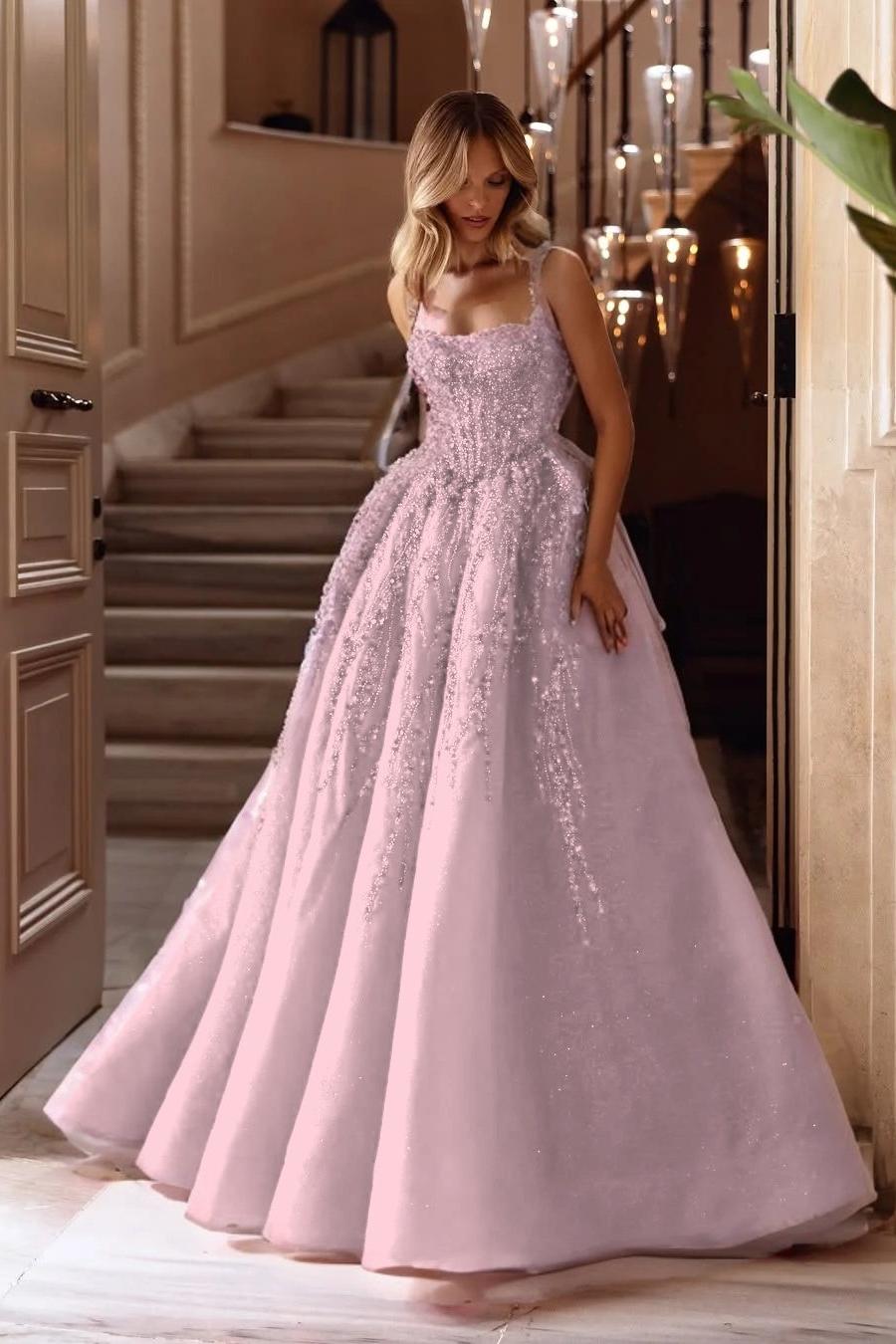 A Line Prom Dress Sleeveless Square Neck Formal Dress With Lace Appliques