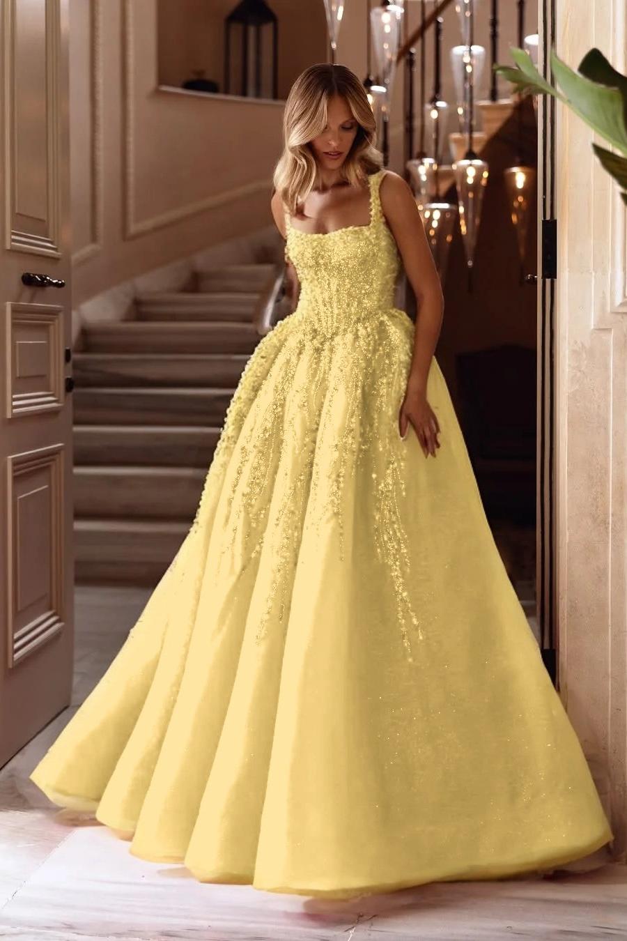 A Line Prom Dress Sleeveless Square Neck Formal Dress With Lace Appliques