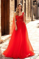 A Line Prom Dress Sleeveless Straps Formal Dress With Lace Appliques