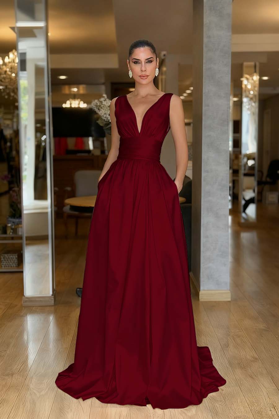 A Line Prom Dress Sleeveless V Neck Satin Formal Dress