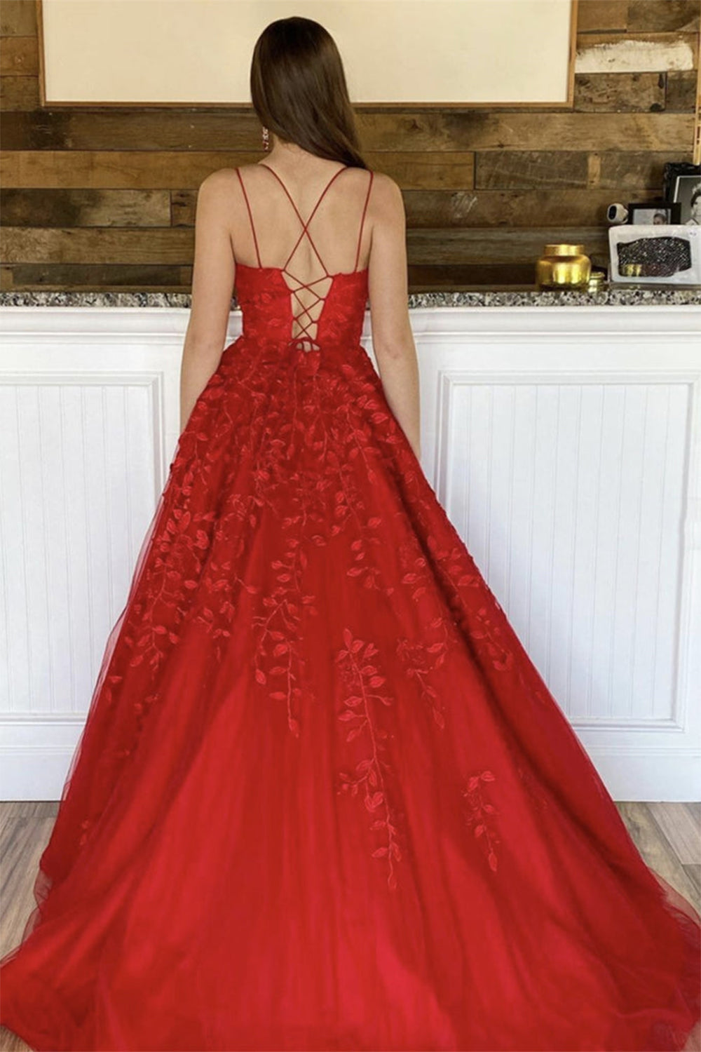 A-Line Prom Dress Spaghetti Straps Long Tulle Evening Dress