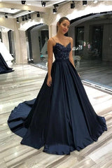 A Line Prom Dress Spaghetti Straps Sleeveless Satin Formal Dress