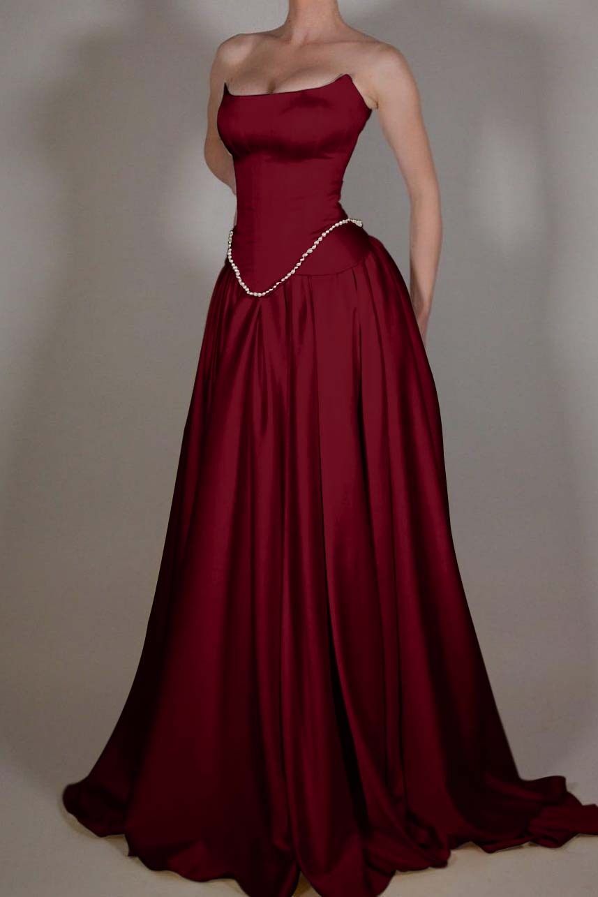 A Line Prom Dress Strapless Satin Sleeveless Formal Dress