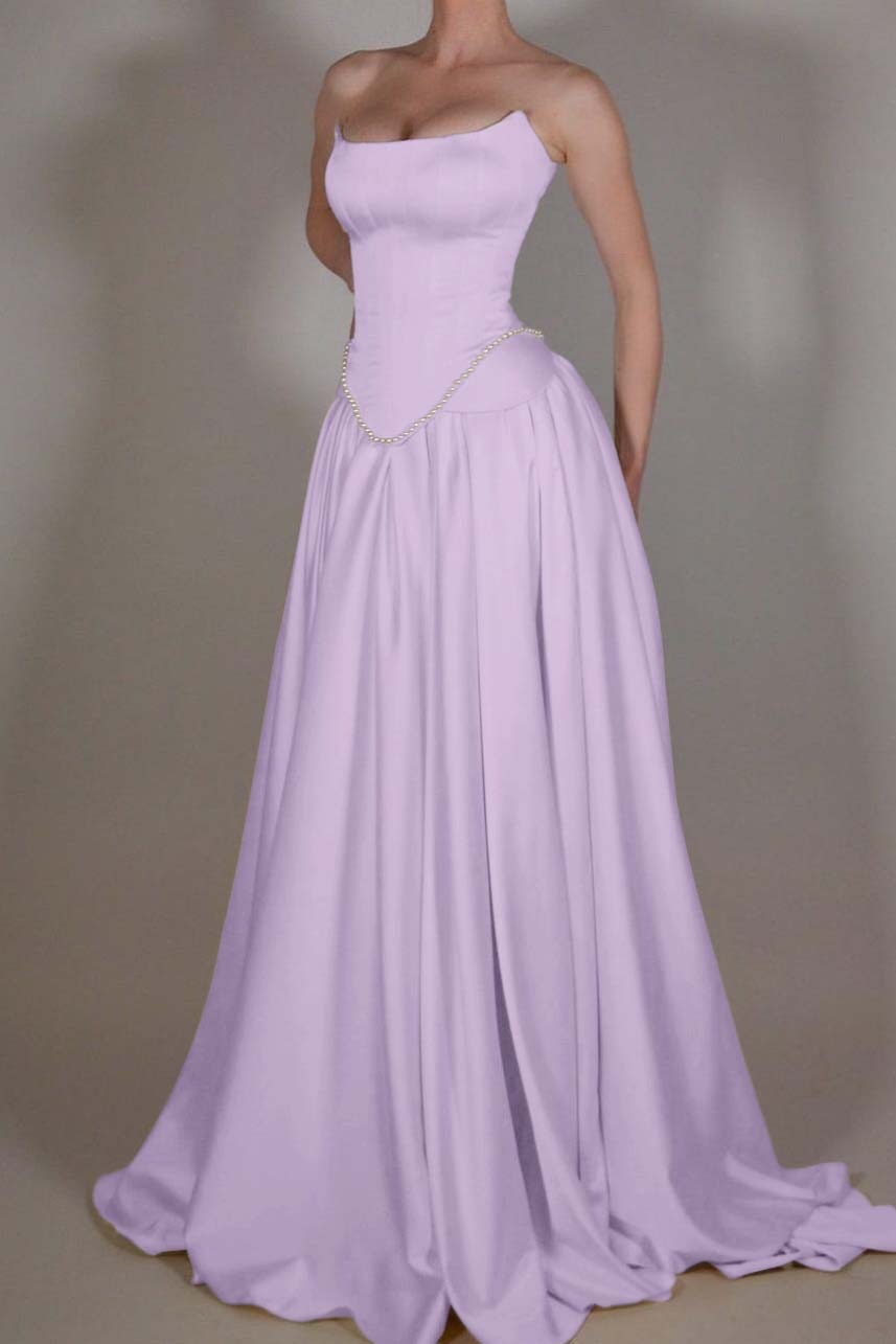 A Line Prom Dress Strapless Satin Sleeveless Formal Dress